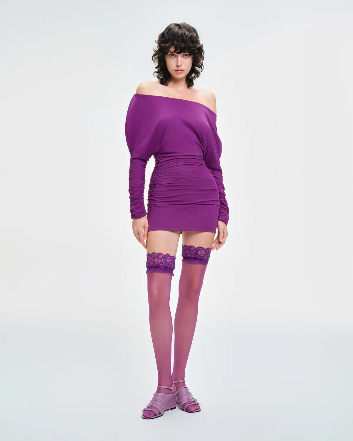 Purles - Off-Shoulder Cool-Touch Stretch Bodycon Mini Dress-Dark Plum - hover